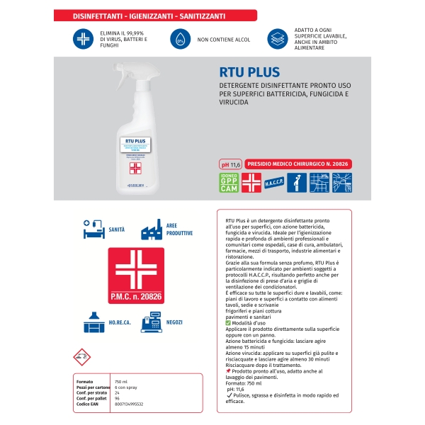 DETERGENTE DISINFETTANTE PRONTO USO PER SUPERFICI , BATTERICIDA , FUNGICIDA E VIRUCIDA - RTU PLUS - PRESIDIO MEDICO - 0,75 CL