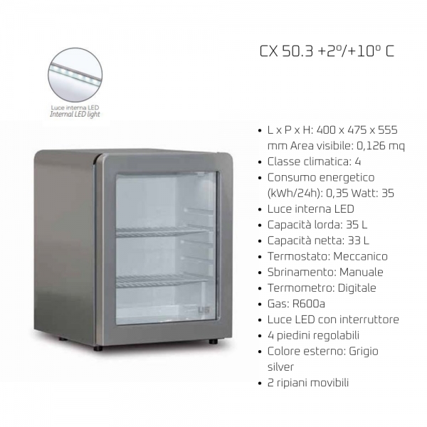 Mini Frigovetrina da Appoggio Refrigerata – +2°/+10°C Dimensioni (L x P x H): 400 x 475 x 555 mm