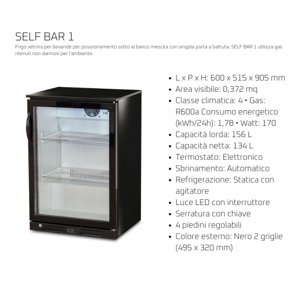 Frigo per Bevande 1 Anta Basso 156 L +2°/+10°C – Nero – LED, Termostato Elettronico, Serratura, 2 Griglie