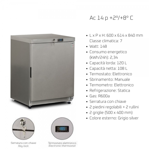 Armadio Refrigerato Professionale +2°/+8°C 120 Litri Silver con Termostato Elettronico