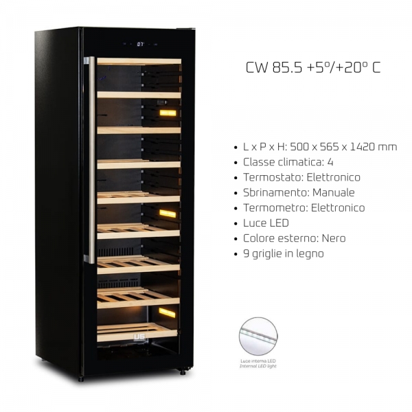 Vetrina Verticale per Vino – +5°/+20°C | 9 Ripiani in Legno | Nera