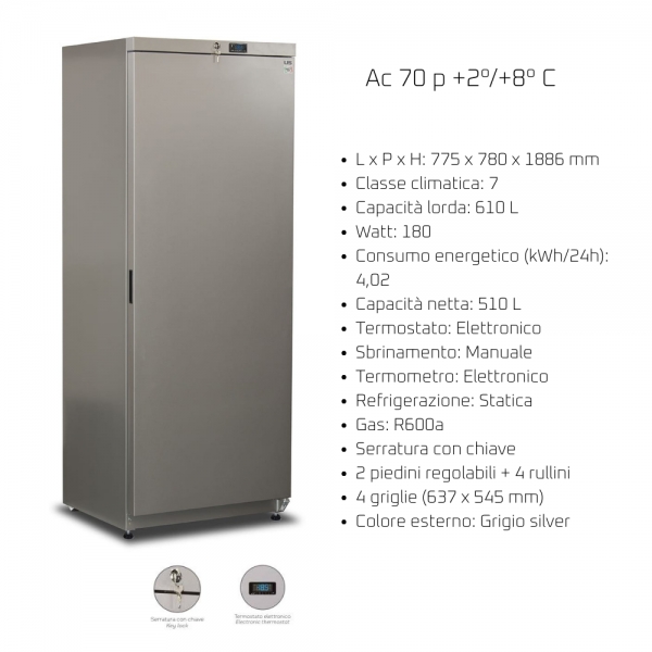 Armadio Refrigerato Professionale +2°/+8°C 610 Litri Silver con 4 Griglie