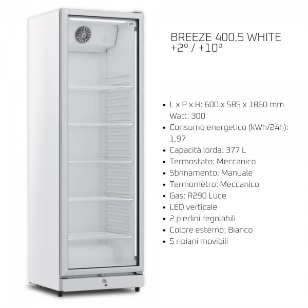 Frigovetrina per Bevande 1 Anta a Vetro – 377 L | +2°/+10°C | Bianco