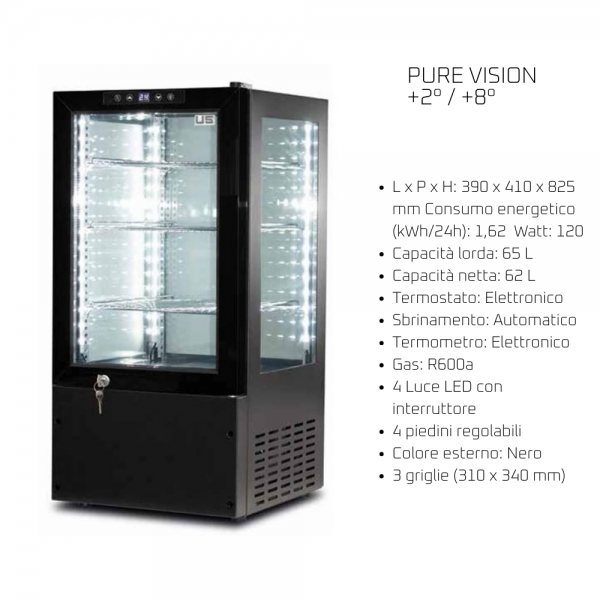 Frigovetrina da Appoggio 360° – 62 L | +2°/+8°C | Nera L x P x H: 390 x 410 x 825 mm