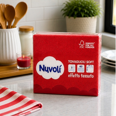 Tovaglioli 38x38 cm 2 Veli Effetto Tessuto Nuvolì Rossi – 40 Pezzi