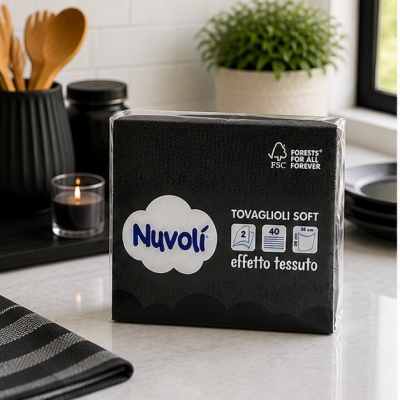 Tovaglioli 38x38 cm 2 Veli Effetto Tessuto Nuvolì Neri – 40 Pezzi