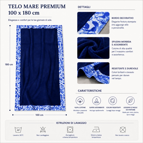 Telo Mare Blu in Spugna 100x180 cm con Balza Disegno Ravello